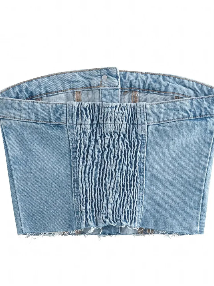 FashionSierra - 2025 Sexy Tube Sleeveless Buttons Up Bustiers Corsets Denim Off Shoulder Cropped Tank Mini Vest  Crop Tops