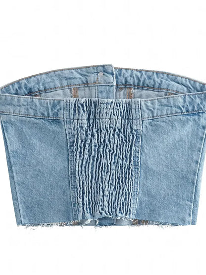 FashionSierra - 2025 Sexy Tube Sleeveless Buttons Up Bustiers Corsets Denim Off Shoulder Cropped Tank Mini Vest  Crop Tops