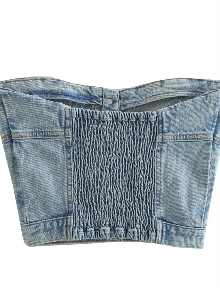 FashionSierra - 2025 Sexy Tube Sleeveless Buttons Up Bustiers Corsets Denim Off Shoulder Cropped Tank Mini Vest  Crop Tops