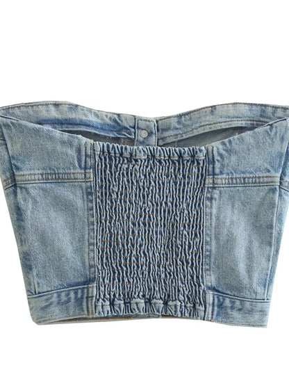 FashionSierra - 2025 Sexy Tube Sleeveless Buttons Up Bustiers Corsets Denim Off Shoulder Cropped Tank Mini Vest  Crop Tops
