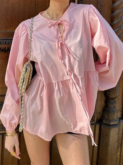Women's Front Lace-up Sleeve Round Neck Loose Fit Casual Solid Blouse