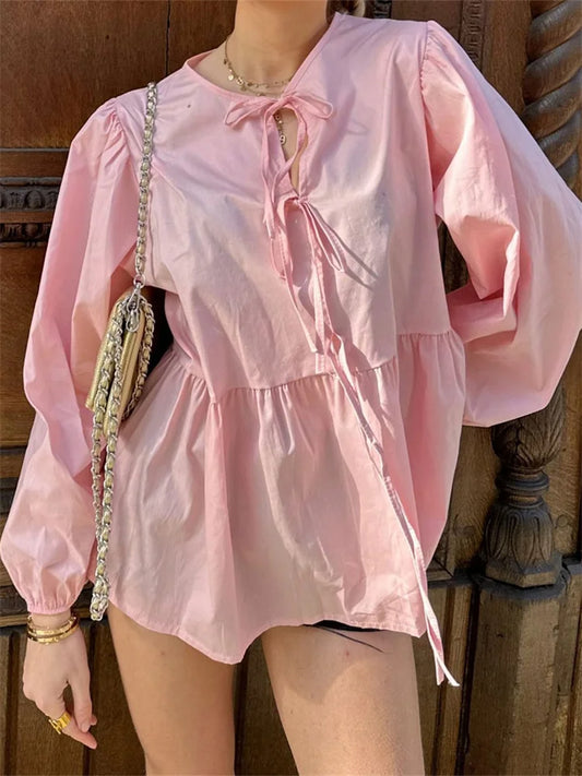Women's Front Lace-up Sleeve Round Neck Loose Fit Casual Solid Blouse