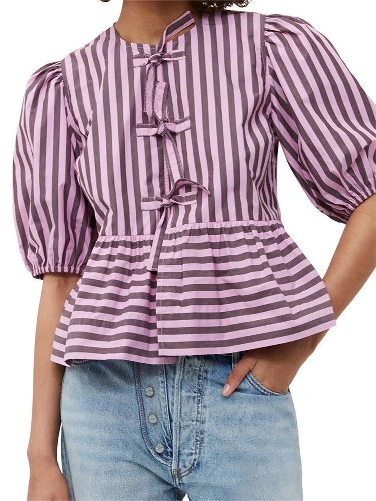 Women's Striped Print Puff Sleeve Front Tie-up Loose Casual Crop Tops Streetwear Blouse