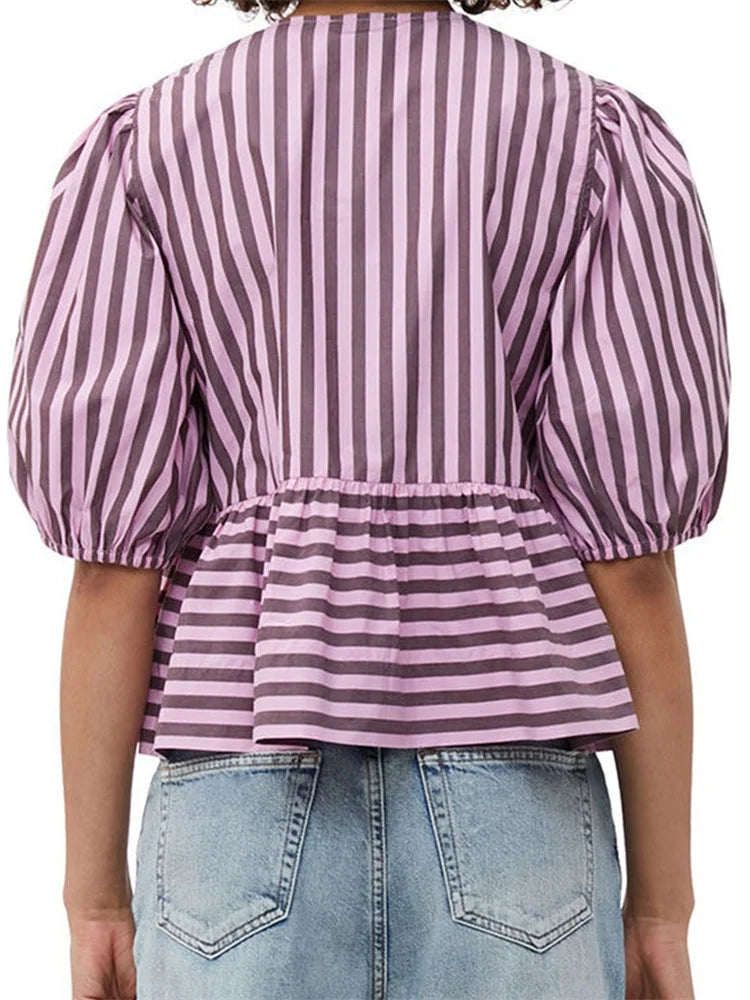 Women's Striped Print Puff Sleeve Front Tie-up Loose Casual Crop Tops Streetwear Blouse