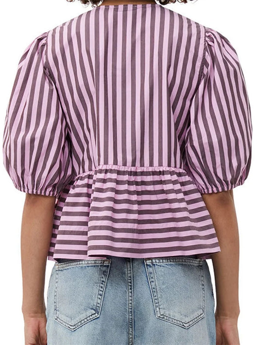 Women's Striped Print Puff Sleeve Front Tie-up Loose Casual Crop Tops Streetwear Blouse