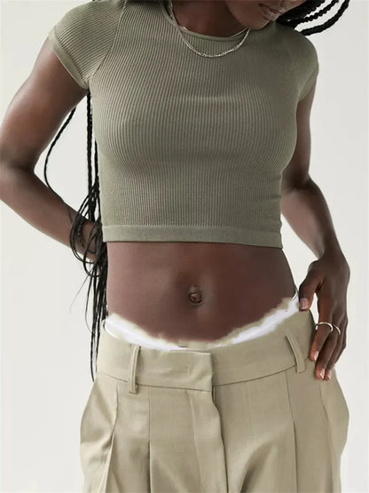 FashionSierra - Short Sleeve Ribbed Causal Solid O-Neck Slim Fit Summer Exposed Navel New Tee