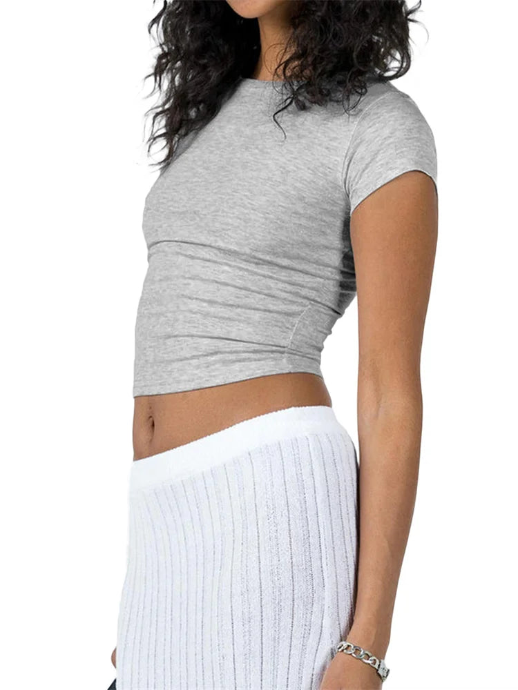 FashionSierra - Short Sleeve Exposed Navel Top Summer Solid Slim Fit Pullovers Female Streetwear Basic Tee