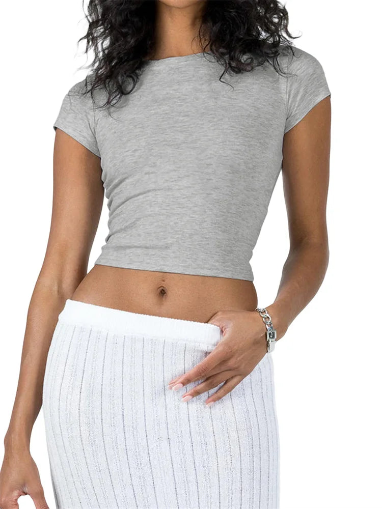 FashionSierra - Short Sleeve Exposed Navel Top Summer Solid Slim Fit Pullovers Female Streetwear Basic Tee