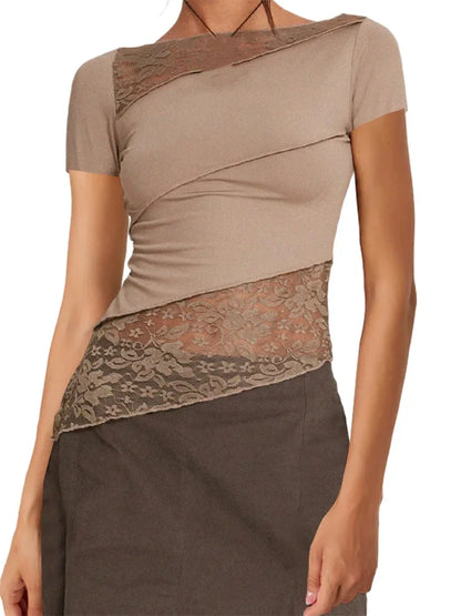 FashionSierra - Short Sleeve Lace Patchwork Asymmetrical Hem Summer for Streetwear Aesthetic Casual Pullover Tee
