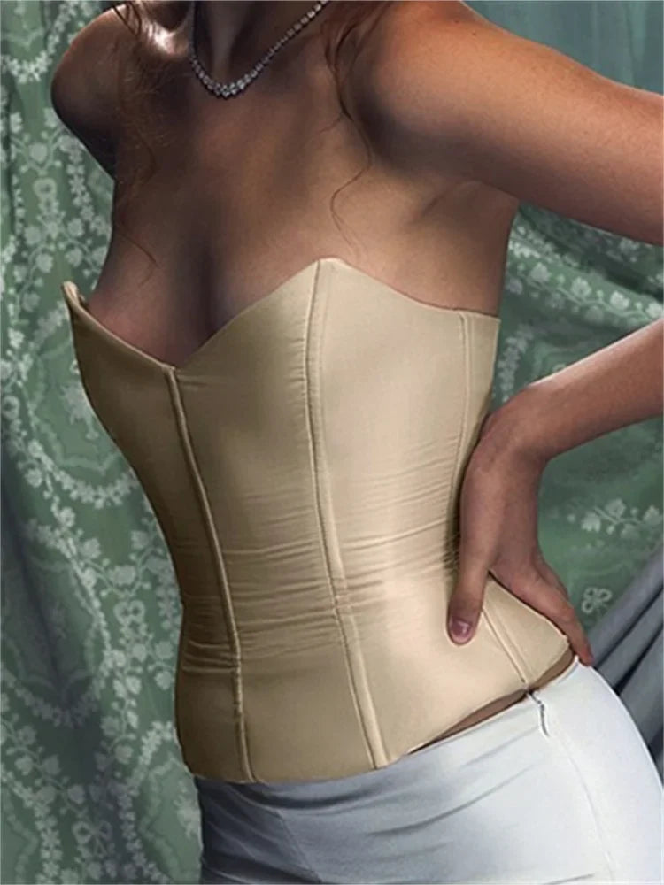FashionSierra - 2025 Slim Corset Tube Solid Low Cut Strapless Off Shoulder Bustiers Backless Tie-up Tank Summer Party Vest  Crop Tops