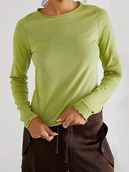 FashionSierra - 2025 Solid Basic Long Sleeve Round Neck Solid Spring Autumn Slim Fit Streetwear Casual Top Tee