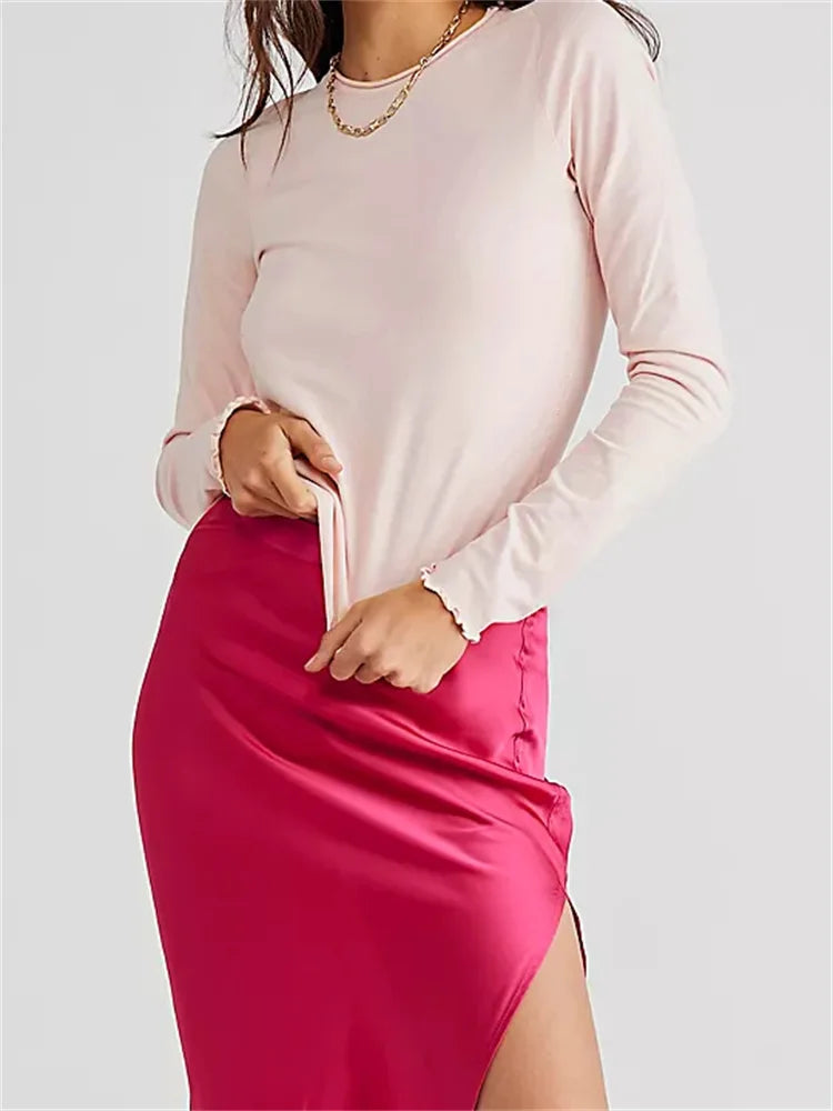 FashionSierra - 2025 Solid Basic Long Sleeve Round Neck Solid Spring Autumn Slim Fit Streetwear Casual Top Tee