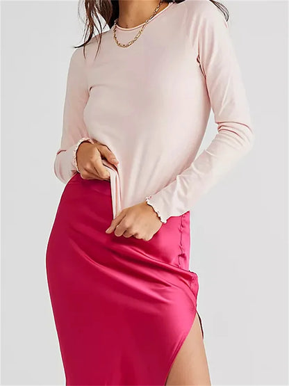 FashionSierra - 2025 Solid Basic Long Sleeve Round Neck Solid Spring Autumn Slim Fit Streetwear Casual Top Tee