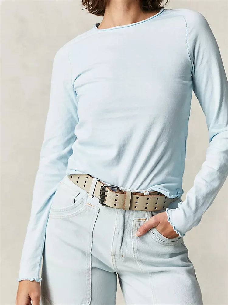 FashionSierra - 2025 Solid Basic Long Sleeve Round Neck Solid Spring Autumn Slim Fit Streetwear Casual Top Tee