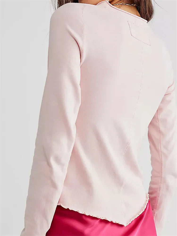 FashionSierra - 2025 Solid Basic Long Sleeve Round Neck Solid Spring Autumn Slim Fit Streetwear Casual Top Tee