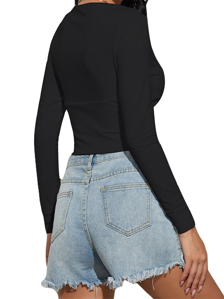 FashionSierra - 2025 Solid Color Casual Round Neck Long Sleeve Spring Fall Slim Fit Streetwear Tee