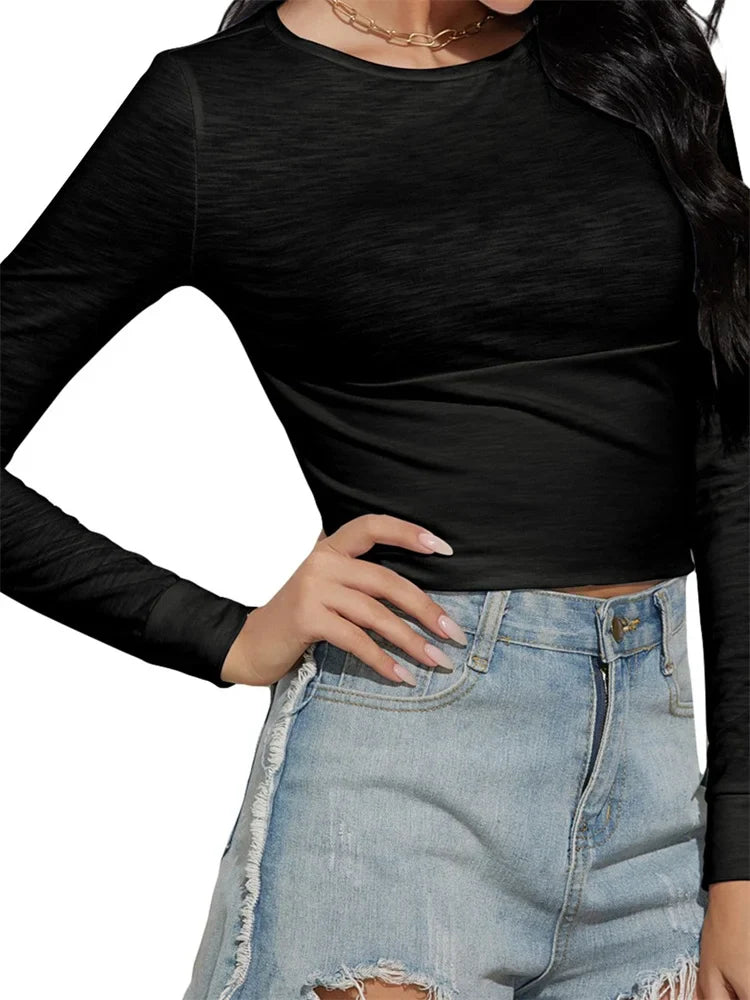 FashionSierra - 2025 Solid Color Casual Round Neck Long Sleeve Spring Fall Slim Fit Streetwear Tee
