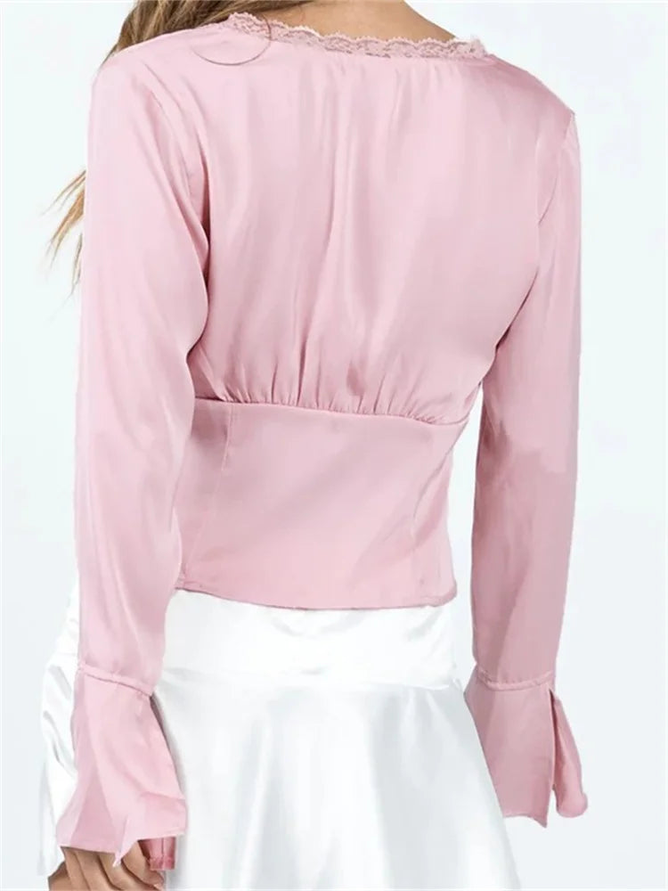 Women's Color Basic Lace Trim V Neck Slim Fit Satin Front Split Tie-up Blouse