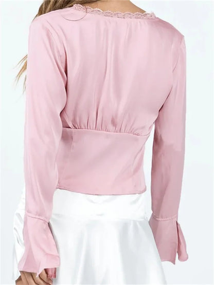 Women's Color Basic Lace Trim V Neck Slim Fit Satin Front Split Tie-up Blouse