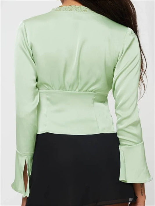 Women's Color Basic Lace Trim V Neck Slim Fit Satin Front Split Tie-up Blouse