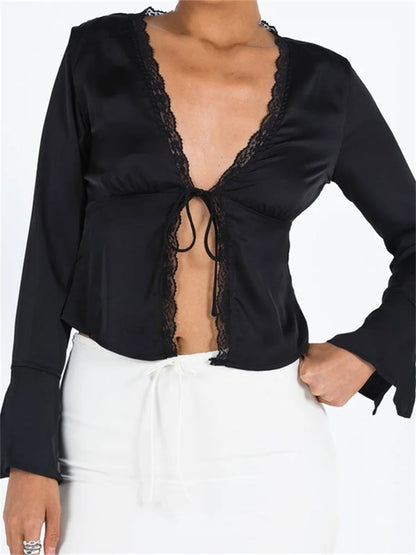 Women's Color Basic Lace Trim V Neck Slim Fit Satin Front Split Tie-up Blouse