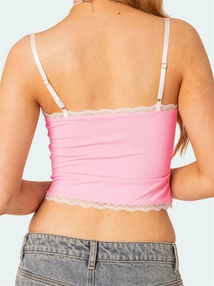 Spaghetti Strap Backless Sleeveless Mini Streetwear Slim Fit oles Lace Patchwork Bowknot Cami Top