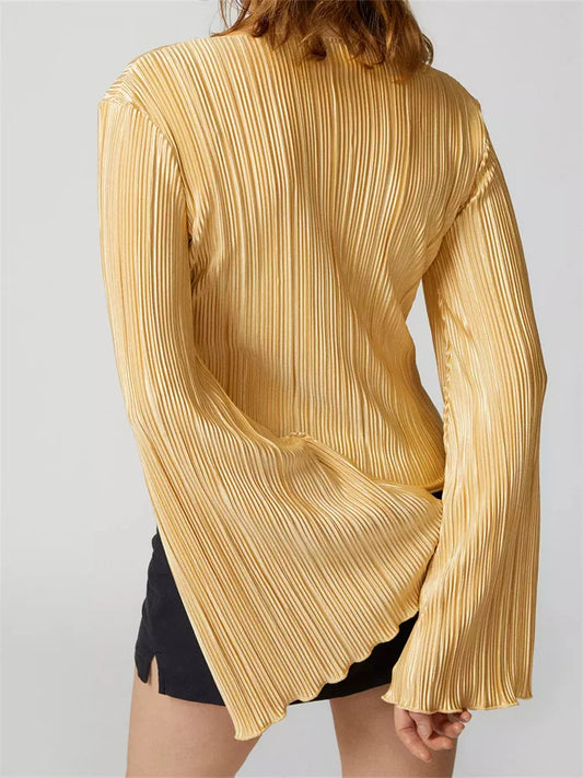 Women's Buttons Up Ruched Tops Long Flare Sleeve V Neck Solid Color Slim Fit Streetwear Blouse