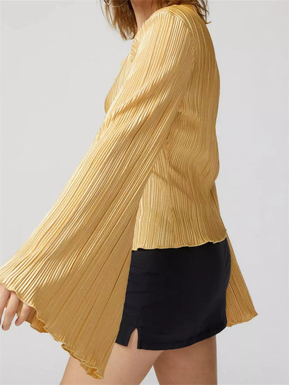 Women's Buttons Up Ruched Tops Long Flare Sleeve V Neck Solid Color Slim Fit Streetwear Blouse