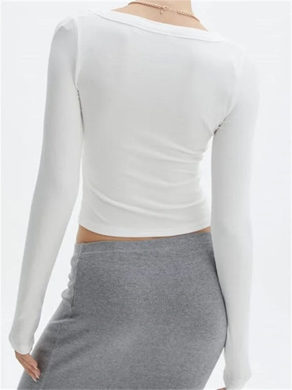 FashionSierra - 2025 Spring Autumn Casual Cropped Solid Color Front Buttons Up Long Sleeve O-Neck Slim Fit Basic Tops Tee