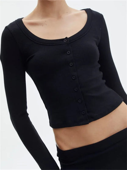 FashionSierra - 2025 Spring Autumn Casual Cropped Solid Color Front Buttons Up Long Sleeve O-Neck Slim Fit Basic Tops Tee