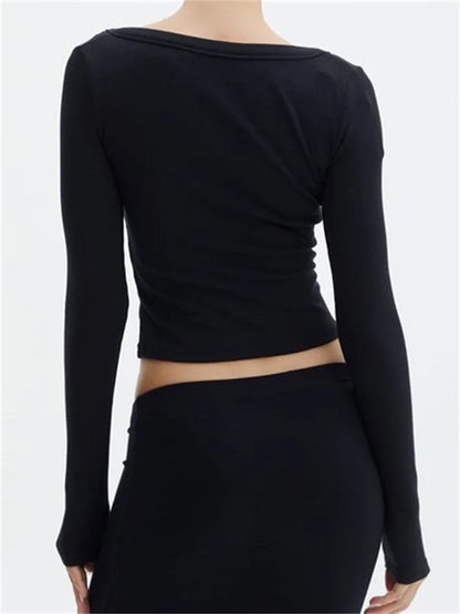 FashionSierra - 2025 Spring Autumn Casual Cropped Solid Color Front Buttons Up Long Sleeve O-Neck Slim Fit Basic Tops Tee