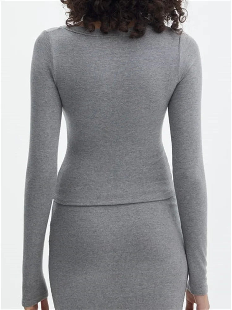 FashionSierra - 2025 Spring Autumn Casual Cropped Solid Color Front Buttons Up Long Sleeve O-Neck Slim Fit Basic Tops Tee