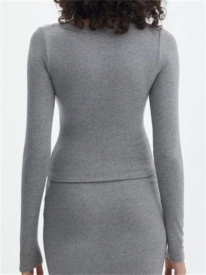 FashionSierra - 2025 Spring Autumn Casual Cropped Solid Color Front Buttons Up Long Sleeve O-Neck Slim Fit Basic Tops Tee