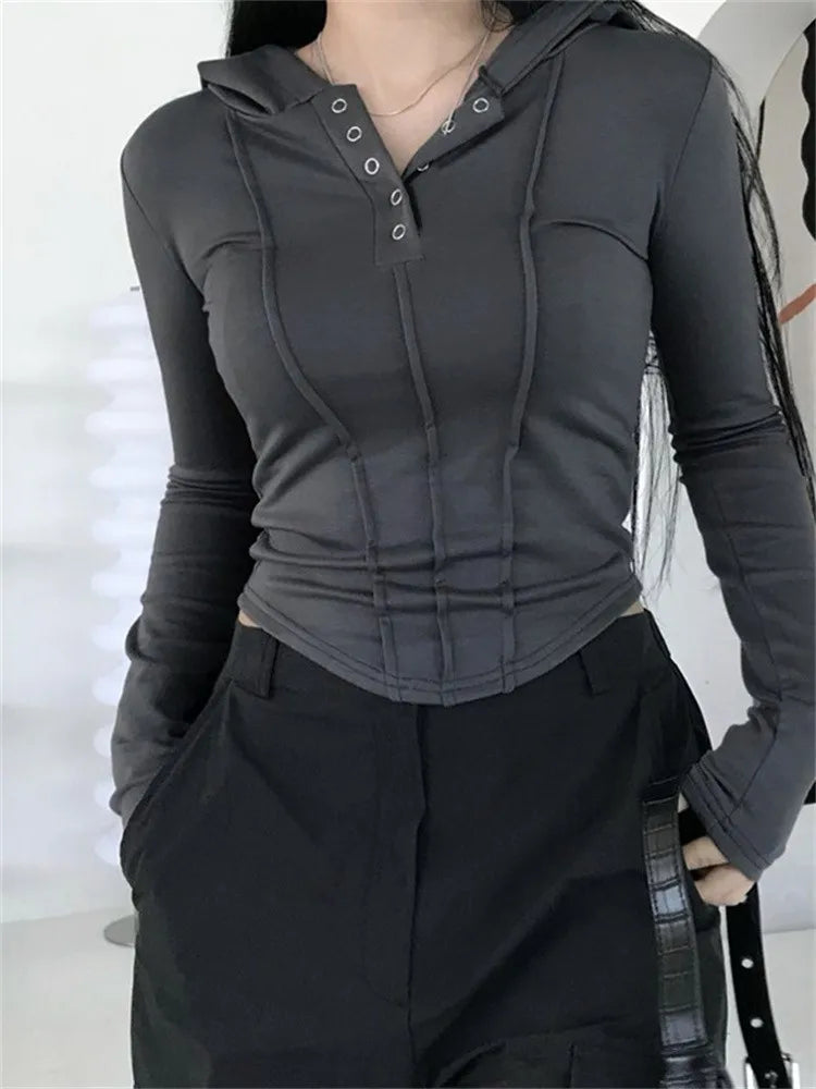 FashionSierra - 2025 Spring Autumn Ruched Slim Fit Long Sleeve Buttons Up Drawstring Hooded Irregular Hem Tee