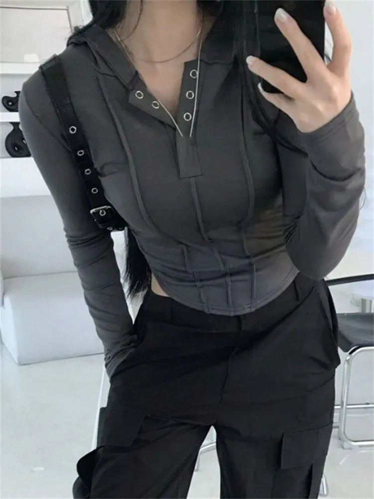 FashionSierra - 2025 Spring Autumn Ruched Slim Fit Long Sleeve Buttons Up Drawstring Hooded Irregular Hem Tee