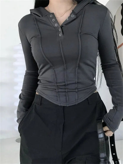 FashionSierra - 2025 Spring Autumn Ruched Slim Fit Long Sleeve Buttons Up Drawstring Hooded Irregular Hem Tee