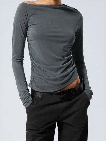 FashionSierra - 2025 Spring Autumn Slim Fit Ruched Long Sleeve Irregular Hem Off Shoulder Basic Pullovers Tee