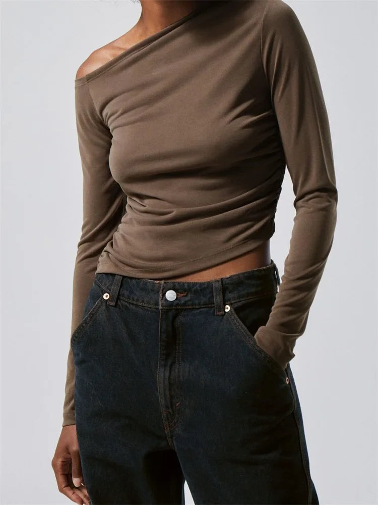 FashionSierra - 2025 Spring Autumn Slim Fit Ruched Long Sleeve Irregular Hem Off Shoulder Basic Pullovers Tee
