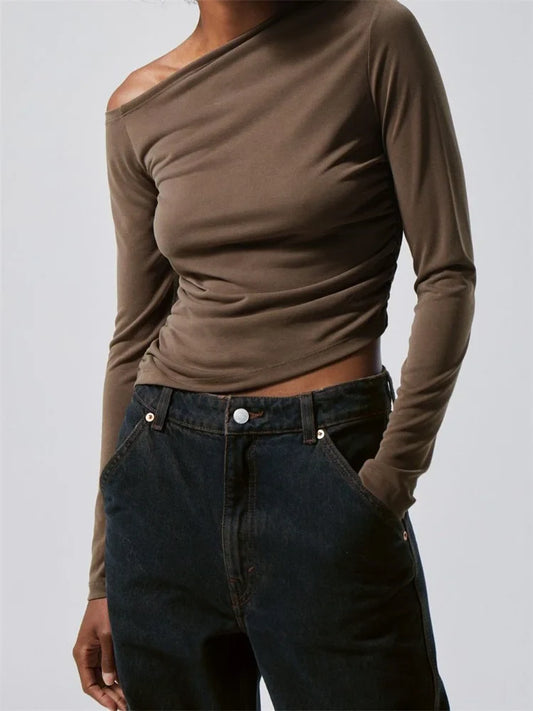 FashionSierra - 2025 Spring Autumn Slim Fit Ruched Long Sleeve Irregular Hem Off Shoulder Basic Pullovers Tee