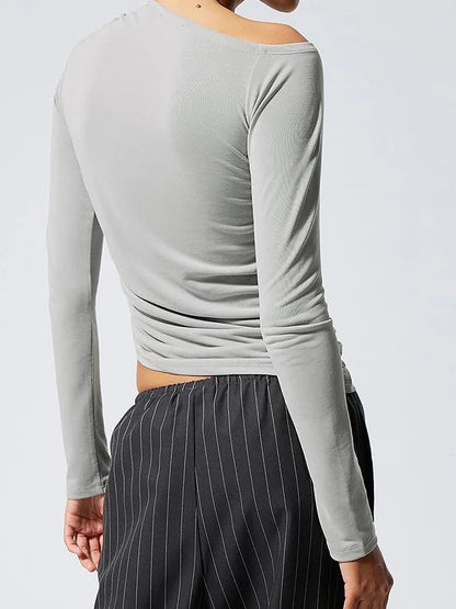 FashionSierra - 2025 Spring Autumn Slim Fit Ruched Long Sleeve Irregular Hem Off Shoulder Basic Pullovers Tee