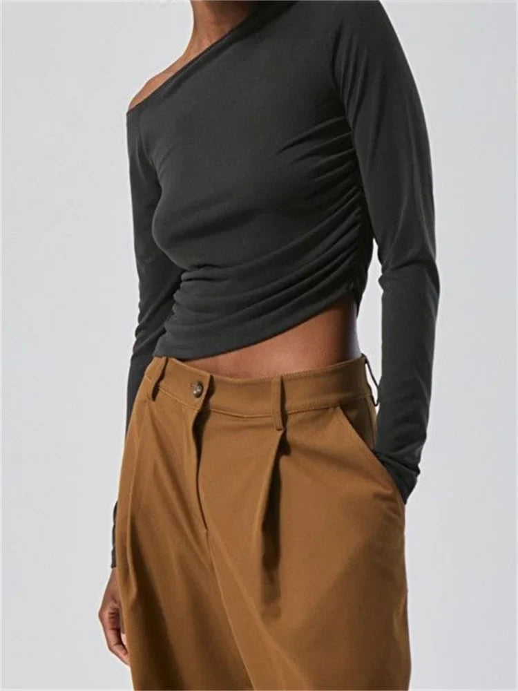 FashionSierra - 2025 Spring Autumn Slim Fit Ruched Long Sleeve Irregular Hem Off Shoulder Basic Pullovers Tee