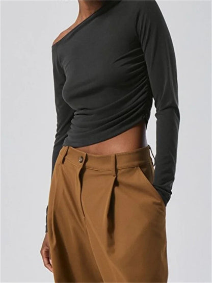 FashionSierra - 2025 Spring Autumn Slim Fit Ruched Long Sleeve Irregular Hem Off Shoulder Basic Pullovers Tee