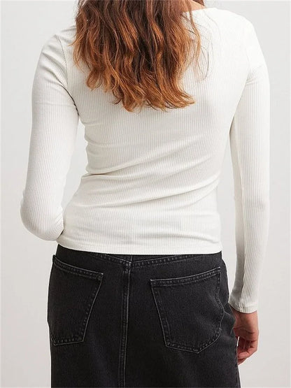FashionSierra - 2025 Spring Autumn Slim Ribbed Solid Color Long Sleeve Square Neck Buttons Up Streetwear New Tee