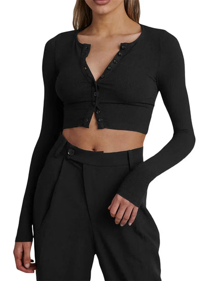 FashionSierra - 2025 Spring Autumn Slim Knitwear Solid Color Long Sleeve V-neck Single Breasted Exposed Navel Cardigans Tee