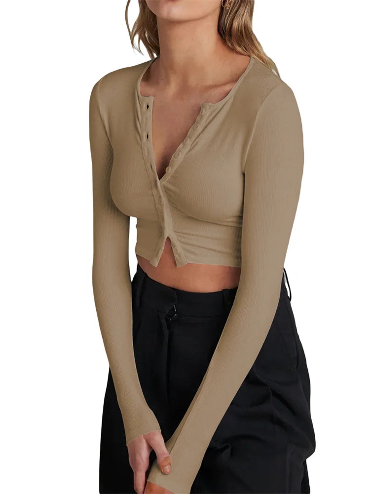FashionSierra - 2025 Spring Autumn Slim Knitwear Solid Color Long Sleeve V-neck Single Breasted Exposed Navel Cardigans Tee