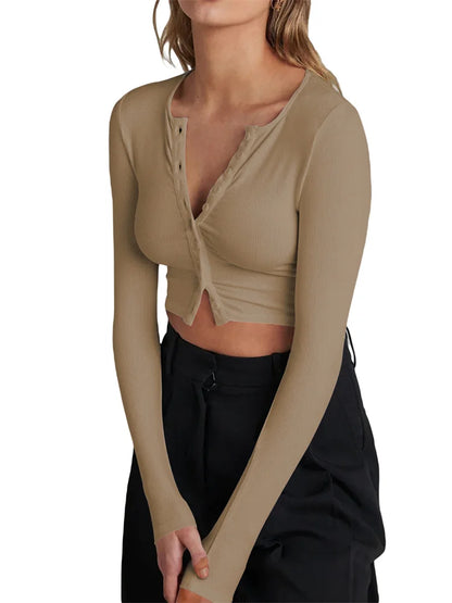 FashionSierra - 2025 Spring Autumn Slim Knitwear Solid Color Long Sleeve V-neck Single Breasted Exposed Navel Cardigans Tee