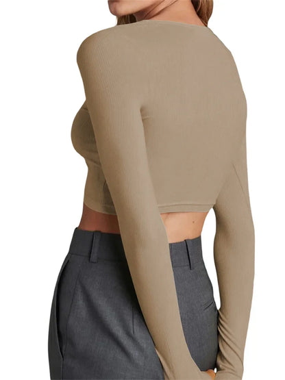 FashionSierra - 2025 Spring Autumn Slim Knitwear Solid Color Long Sleeve V-neck Single Breasted Exposed Navel Cardigans Tee