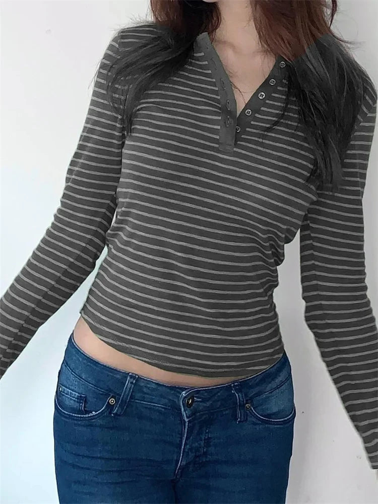 FashionSierra - 2025 Spring Autumn Striped Casual Long Sleeve Buttons Up Slim Fit V-neck Basic Streetwear Tee