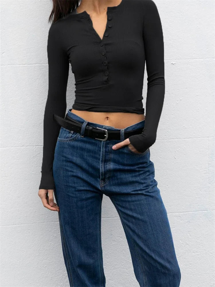 FashionSierra - 2025 Spring Fall Casual Top Slim Fit Basic Solid V-neck Long Sleeve Button Up Streetwear Tee