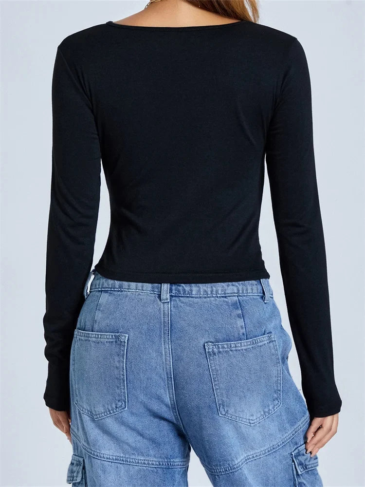 FashionSierra - 2025 Spring Fall Front Hollow Out Long Sleeve Solid Slim Fit Pullovers Female Clubwear Basic Tee